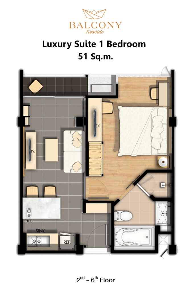 Balcony Seaside Sriracha Hotel & Serviced Apartments｜間取り図：Luxury Suite 1 Bedroom 51㎡（目視確認済み・写真ではなく図面）