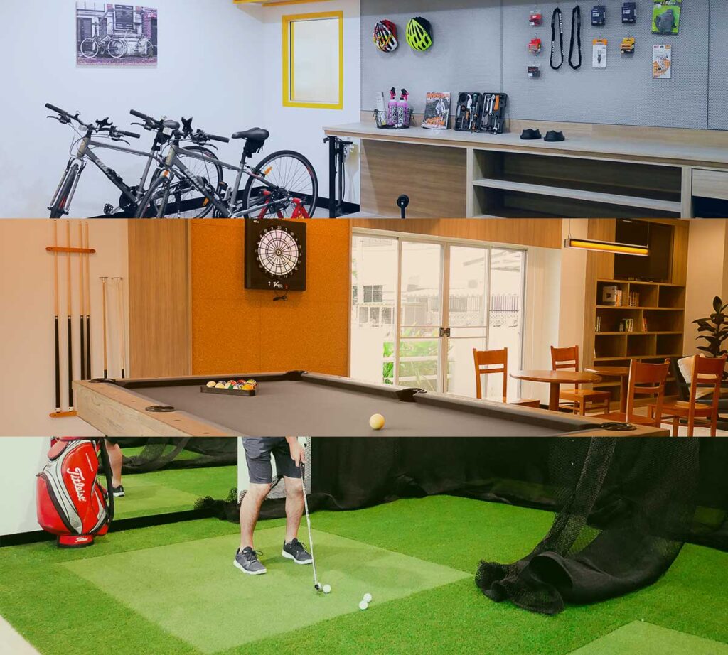 Green Life Serviced Apartment Sriracha｜共用施設の組写真（自転車置場・ダーツ・ゴルフ。目視確認済み）